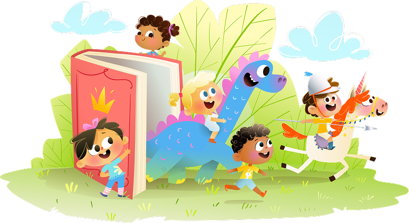 Children coming out of a storybook